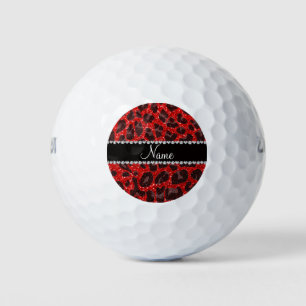 Custom name neon red glitter leopard print golf balls