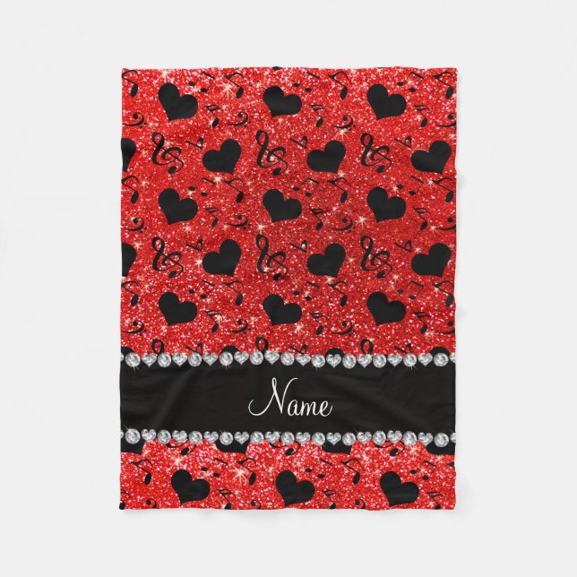 Custom name neon red glitter music notes hearts fleece blanket (Front)