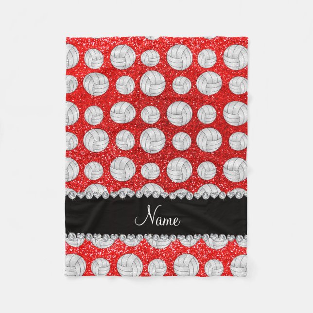 Custom name neon red glitter volleyballs fleece blanket (Front)