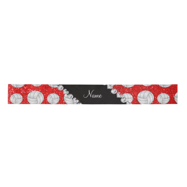 Custom name neon red glitter volleyballs satin ribbon (Front)