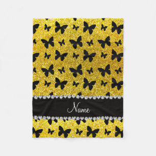 Custom name neon yellow glitter butterflies fleece blanket