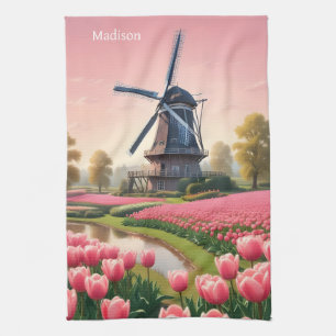Custom Name Netherlands Windmills Tea Towel