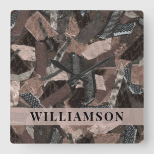 Custom Name Neutral Earth Tones Abstract Brown  Square Wall Clock