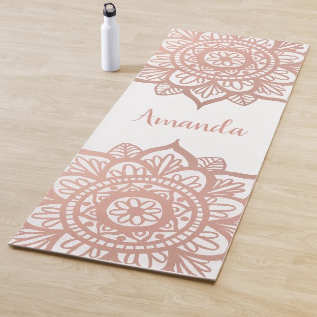Custom Name New Rose Gold Mandala White Yoga Mat (In Situ)
