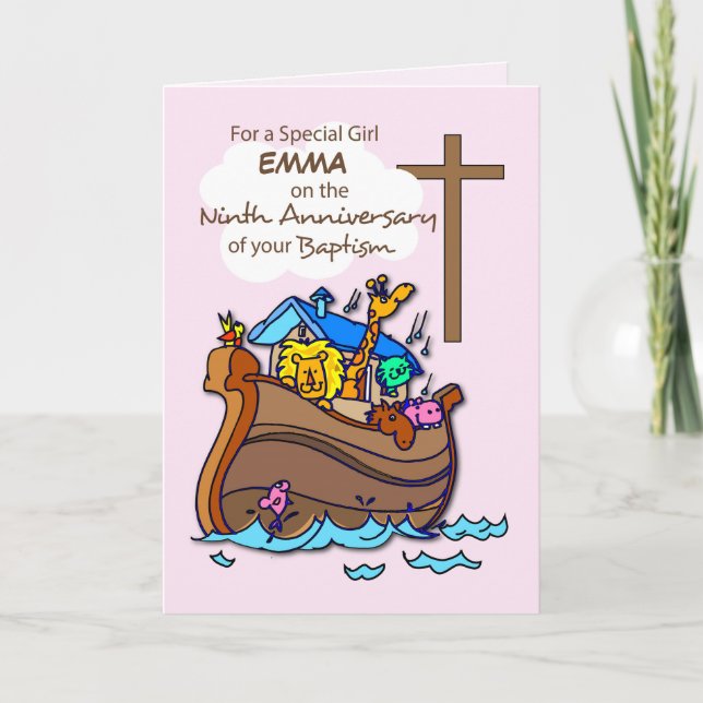 Custom Name Ninth Anniversary of Baptism Girl Ark Card (Front)