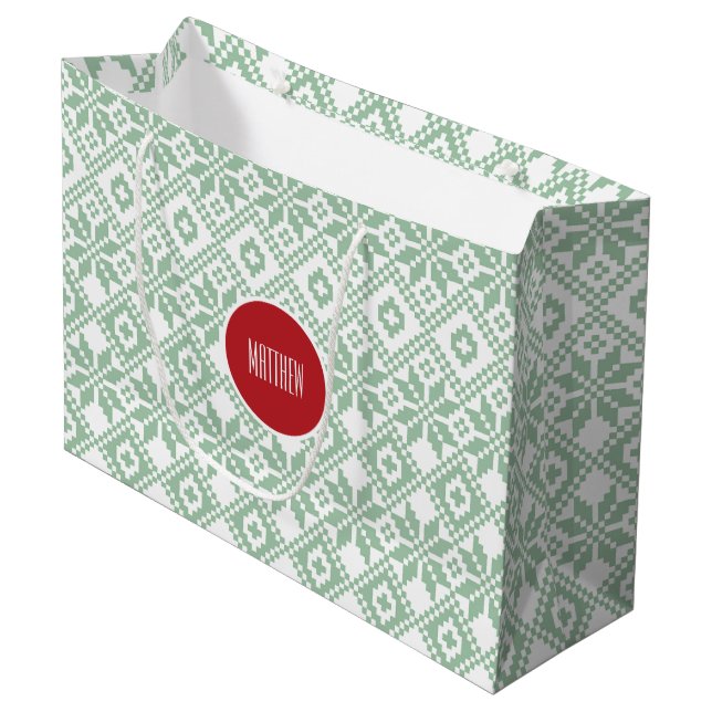 Custom Name Nordic Snowflake Pattern Large Gift Bag (Front Angled)