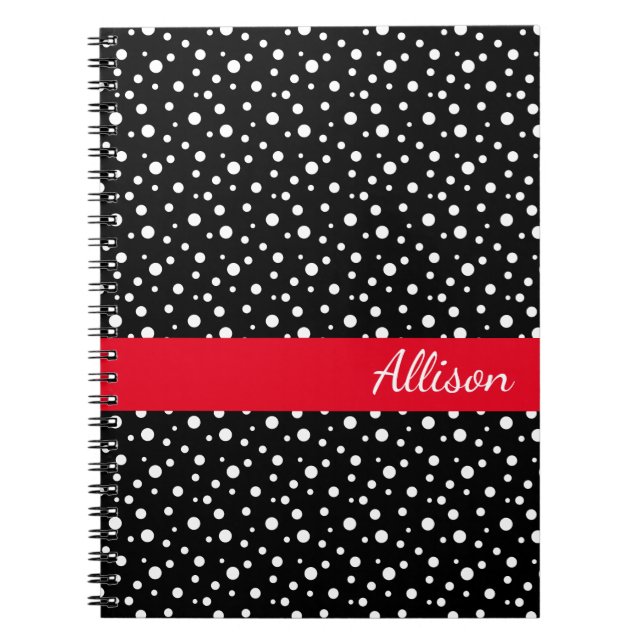 Custom Name Notebook-Black & White Polka Dots Notebook (Front)