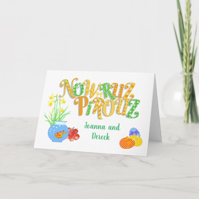 Custom Name Nowruz with Goldfish and Daffodils Card (Front)