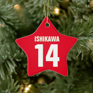 Custom Name, Number, Colours. Sports Fans Red Ceramic Tree Decoration