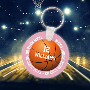 Custom Name Number Team Basketball Pink Key Ring