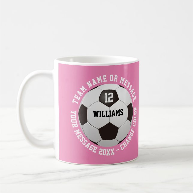 Custom Name Number Team Name Soccer Ball Coffee Mug (Left)