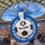 Custom Name Number Team Name Soccer Ball Key Ring<br><div class="desc">Personalised name,  number,  team name and message soccer gift. You can customise the background colour to match your favourite team. Designed by Thisisnotme©</div>