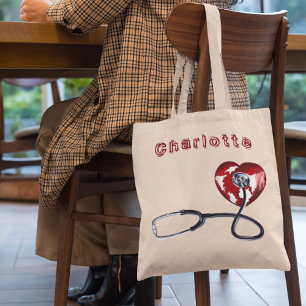 Custom Name Nurse Medical Stethoscope Red Heart Tote Bag
