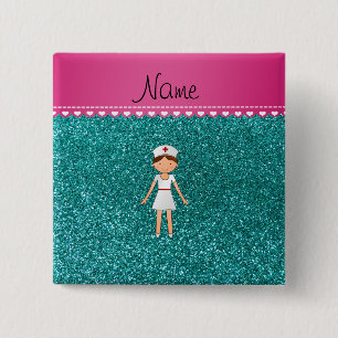 Custom name nurse pastel robin egg blue glitter 15 cm square badge