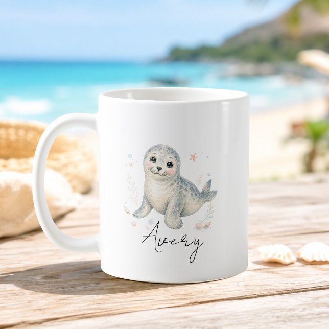 Custom Name Ocean Baby Seal Mug (Custom Name Script Font Ocean Baby Seal Mug)
