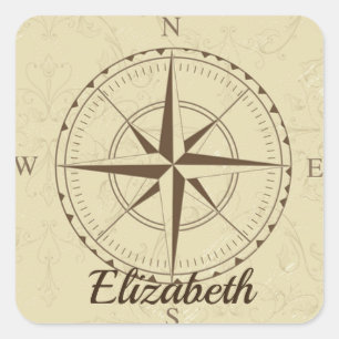 Custom Name Old Nautical Compass Map Brown Sticker