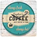 Custom NAME Old Retro 50's Coffee Shop Diner Large Clock<br><div class="desc">Custom NAME Old Distressed Coffee Faux Stained Retro 50's Coffee Shop Diner Distressed Cafe Clock - Customise with your Name or Custom Text! Perfect for that retro kitchen style. Best Coffee in Town!</div>