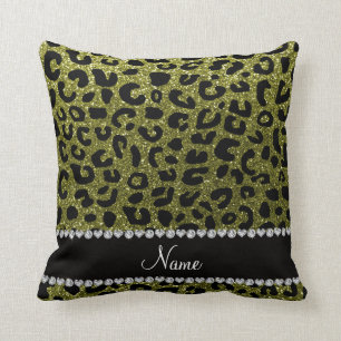 Custom name olive green glitter cheetah print cushion