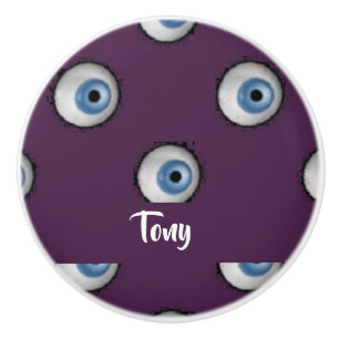 Custom name on big eyes on purple ceramic knob
