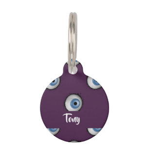 Custom name on big eyes on purple pet tag