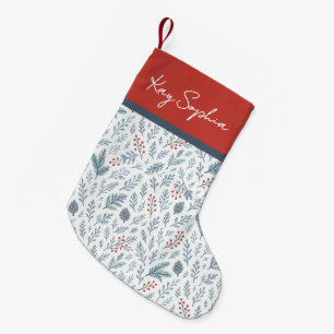 Custom Name On Botanical Holly Berry Pattern Small Christmas Stocking
