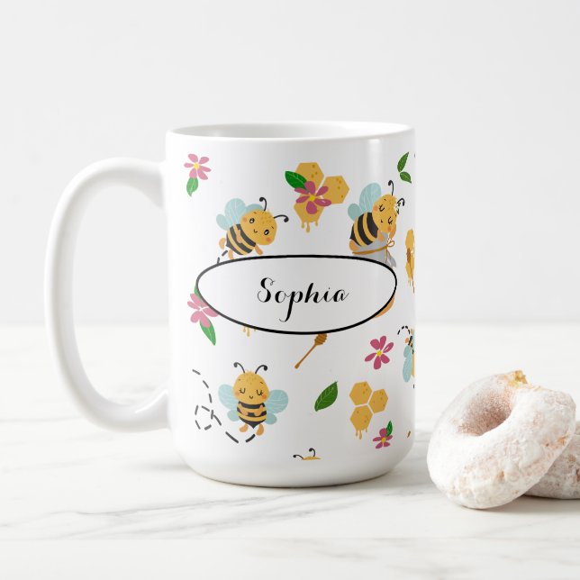 Custom Name on cute Bumblebee pattern Coffee Mug (With Donut)