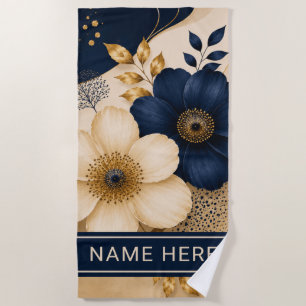 Custom Name on Navy Blue & Gold Botanical Floral Beach Towel