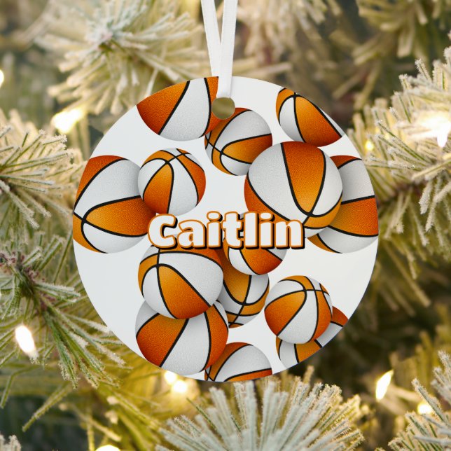 custom name on orange white basketballs keepsake metal tree decoration (Insitu)
