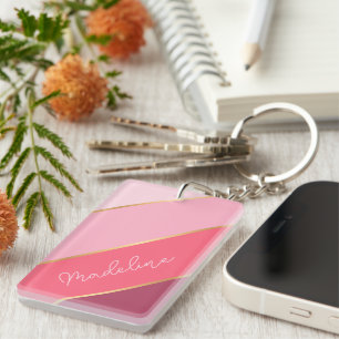 Custom Name on Pretty Pastel Rose Blush Stripes Key Ring