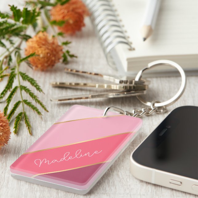 Custom Name on Pretty Pastel Rose Blush Stripes Key Ring (Front Right)