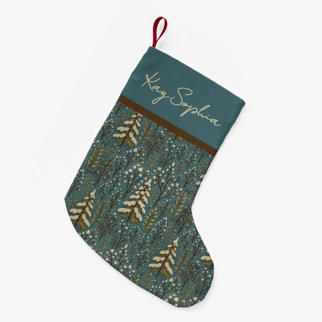 Custom Name On Snowy Winter Forest Trees Pattern Small Christmas Stocking (Front (Hanging))