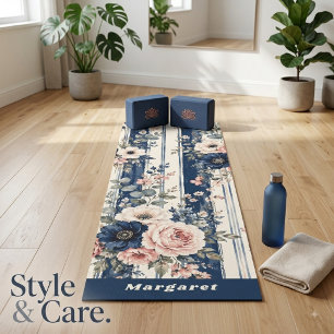 Custom Name on Watercolor Navy Floral Stripe Art Yoga Mat