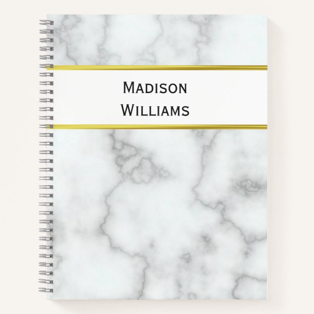 Custom Name on White Marble Look Notebook (Front)