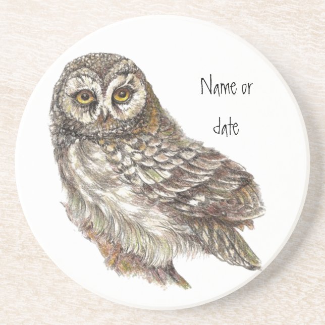 Custom Name or Date  Owl, Bird Coaster (Front)