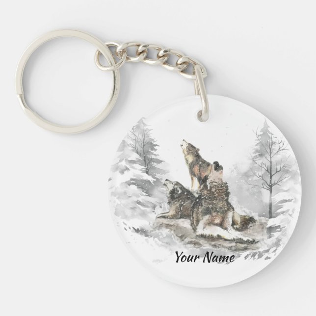 Custom Name or Text Wolf Friends Howling  Key Ring (Front)