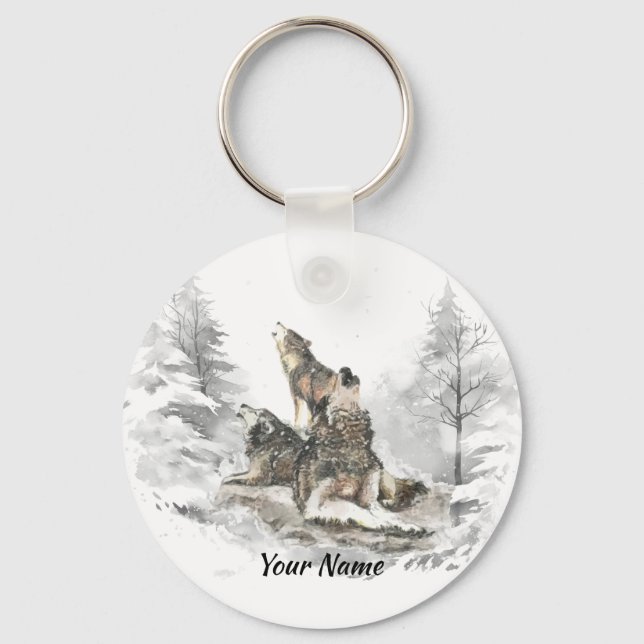 Custom Name or Text Wolf Friends Howling  Key Ring (Front)