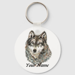 Custom Name or Text Wolf watercolor Animal Key Ring