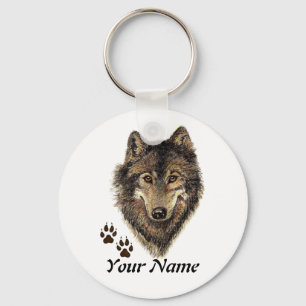 Custom Name or Text Wolf watercolor Animal Key Ring