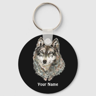 Custom Name or Text Wolf watercolor Animal Key Ring