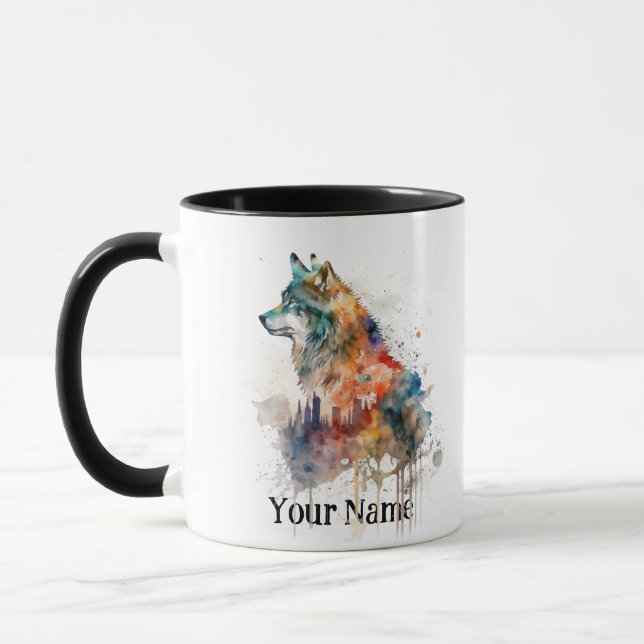 Custom Name or Text Wolf watercolor Animal Mug (Left)