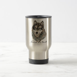 Custom Name or Text Wolf watercolor Animal Travel Mug