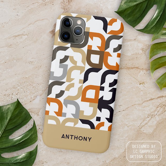 Custom Name Orange Brown Midcentury Art Pattern iPhone Case (Creator Uploaded)