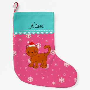 Custom name orange cat pink snowflakes stars small christmas stocking