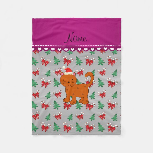 Custom name orange cat silver candy canes bows fleece blanket (Front)