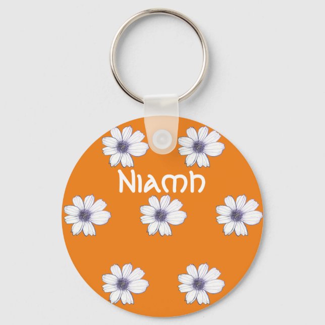 Custom Name orange flower pattern Button Key Ring (Front)
