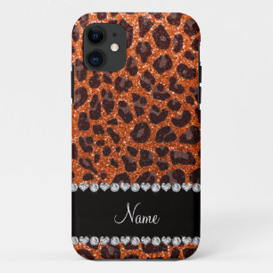 Custom name orange glitter leopard print iPhone 11 case