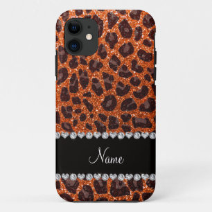 Custom name orange glitter leopard print iPhone 11 case