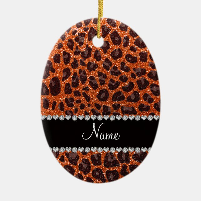 Custom name orange glitter leopard print ceramic tree decoration (Front)