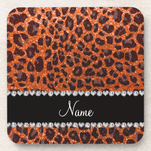 Custom name orange glitter leopard print coaster