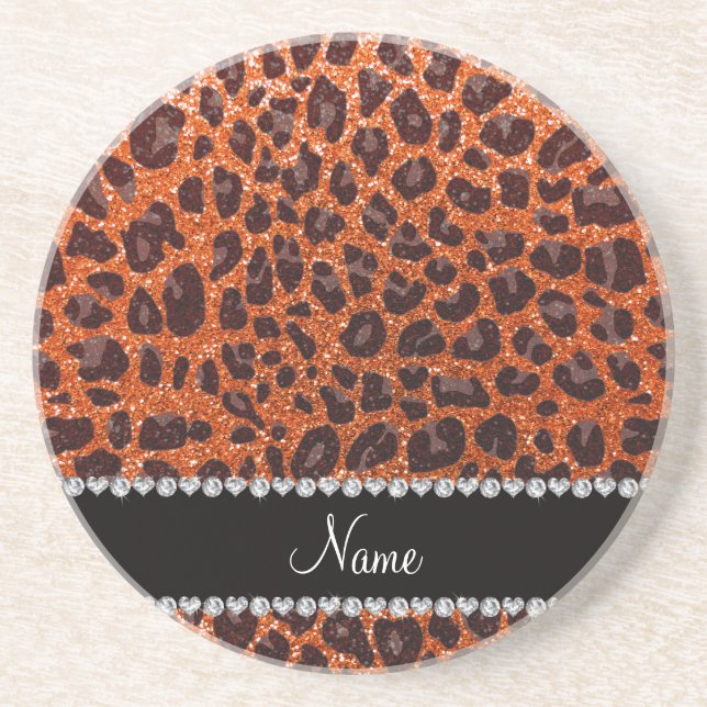 Custom name orange glitter leopard print coaster (Front)